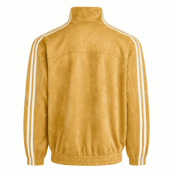 Yellow casual jacket with white stripes on sleeves, front view.
