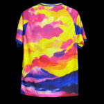 79D2A25B-7A3A-497E-9B27-EECDE1514F50 | UAE SPORT STORE Back view of a bright multicolor T-shirt featuring a mountain landscape in pink, yellow, orange, and blue against a black background.