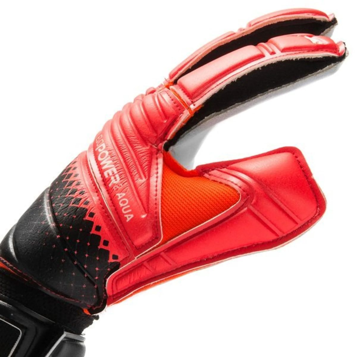 Close-up of a red and black padded sports glove on a white background.