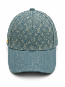 7B2BA63E-45B6-4FAD-951A-DAFC85DA182F | UAE SPORT STORE Denim baseball cap with a beige Louis Vuitton monogram pattern and a curved brim.