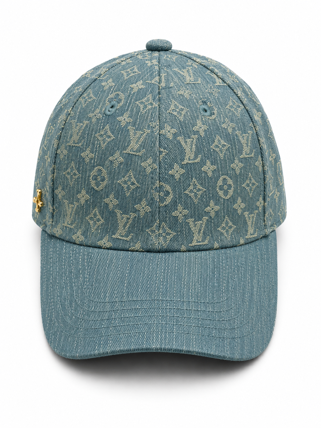 7B2BA63E-45B6-4FAD-951A-DAFC85DA182F | UAE SPORT STORE Denim baseball cap with a beige Louis Vuitton monogram pattern and a curved brim.