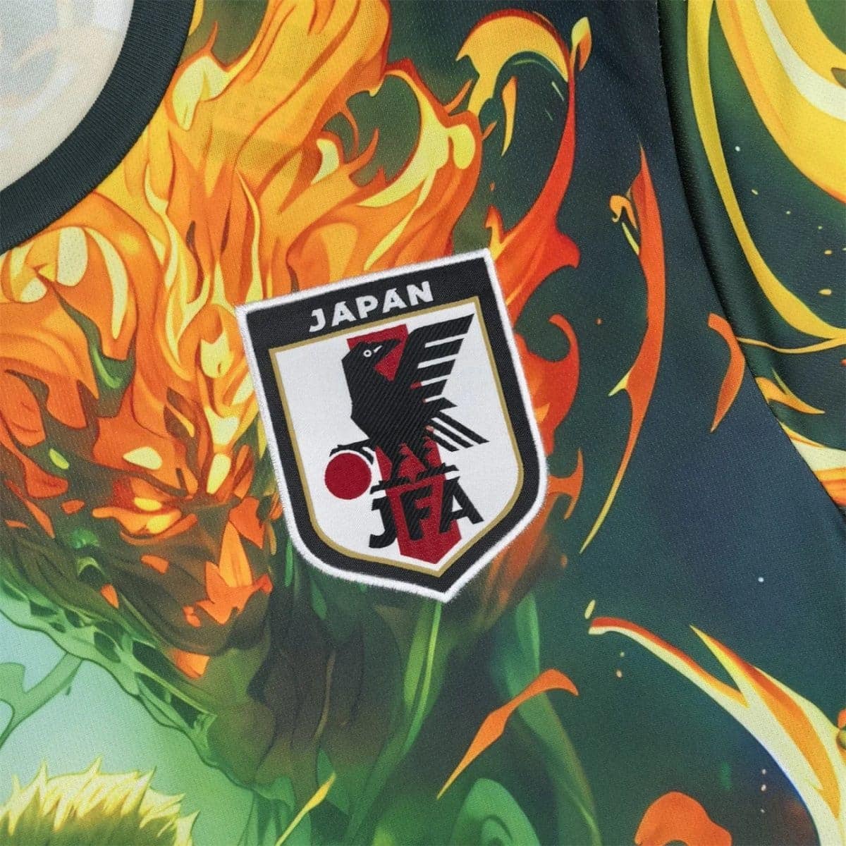 Close-up of a flame-themed sports jersey featuring the Japan Football Association (JFA) patch with a black eagle and red ball emblem.
