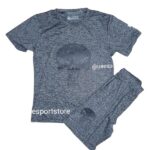 Heather gray short-sleeve T-shirt with a dark skull graphic and matching shorts; watermark reads 'uaesportstore'.