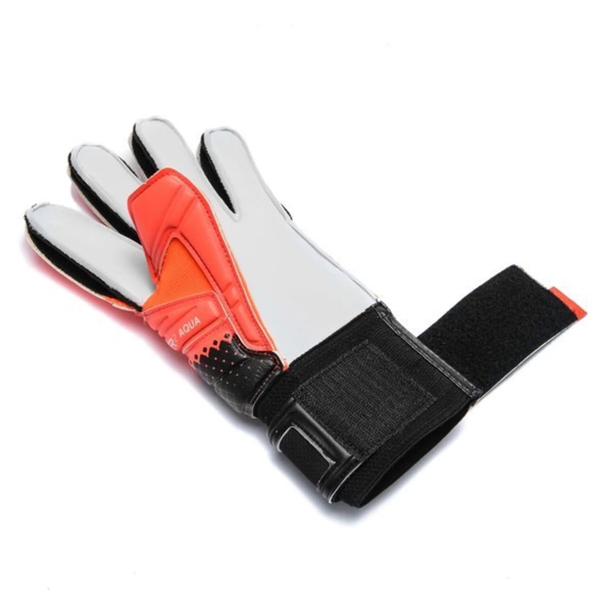 Close-up of white goalkeeper gloves with orange palms and black wrist straps on a white background.