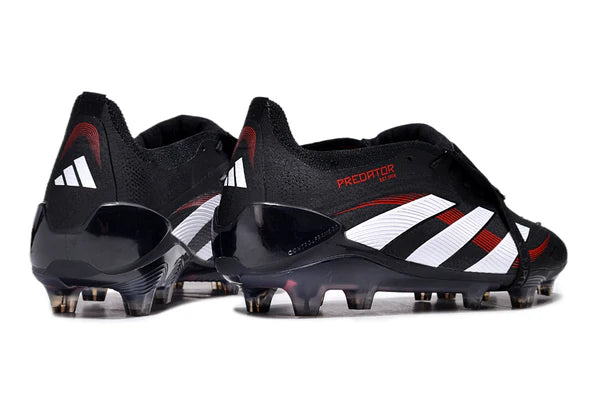 7a6bf366 | UAE SPORT STORE Black Adidas Predator soccer cleats with white stripes and red detailing, shown from the side of the pair in black and red accents.