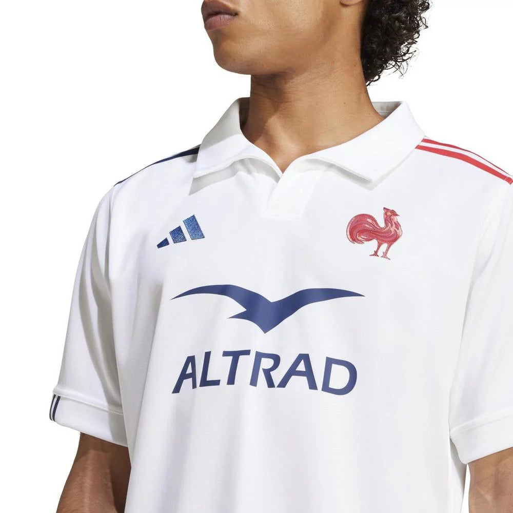 7ada59befd6a29d2f111540dedfa4c9a | UAE SPORT STORE White polo rugby jersey with ALTRAD logo and a red rooster crest on the chest; Adidas logo visible on the other side.