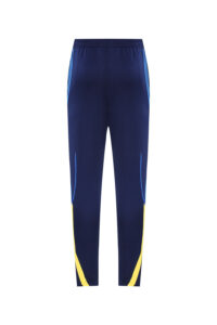 7ba1a537 | UAE SPORT STORE Back view of navy athletic track pants with blue side stripes and yellow panels at the lower legs