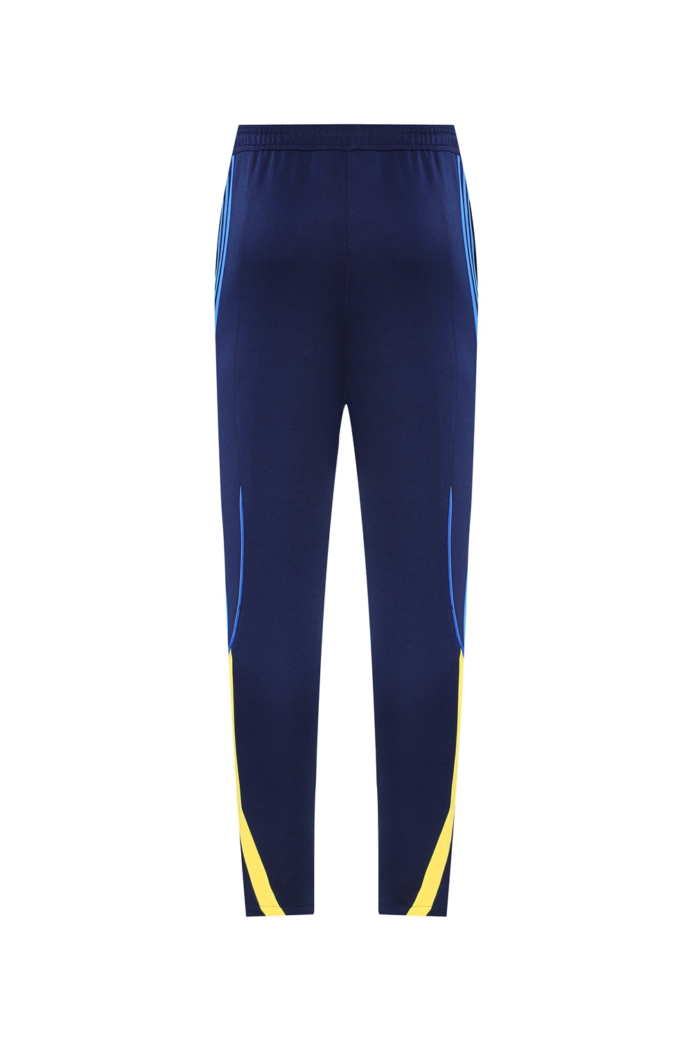 7ba1a537 | UAE SPORT STORE Back view of navy athletic track pants with blue side stripes and yellow panels at the lower legs