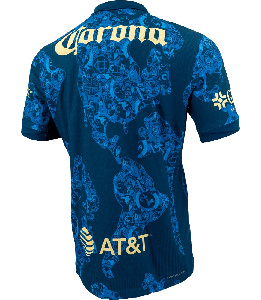 7btwf5ZGWnMZYfn | UAE SPORT STORE Blue athletic jersey shown from the back with a light-blue world-map pattern; AT&T sponsor logo near the lower back and repeating team crest graphics across the fabric.
