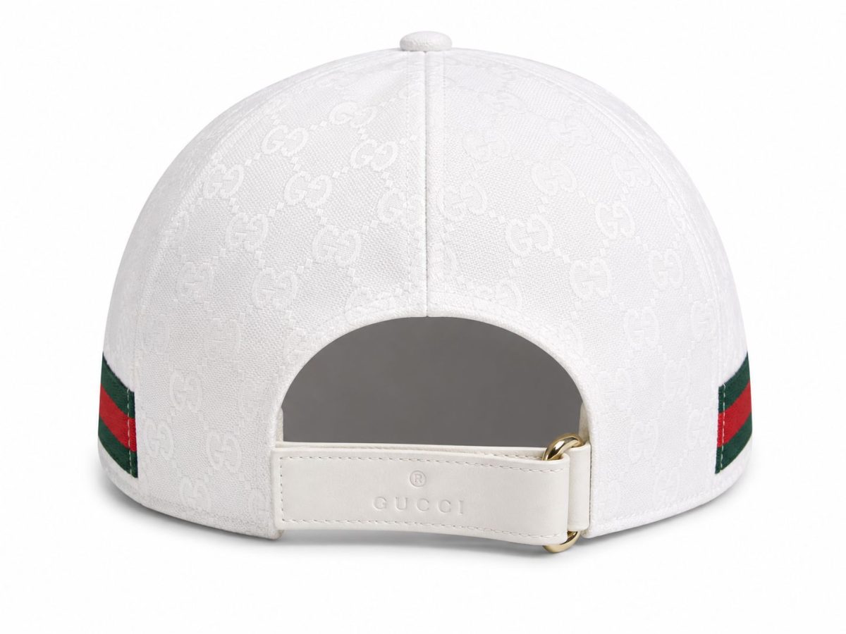 Back view of a white Gucci cap with an embossed GG monogram pattern and an adjustable strap closure at center.