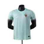 France national football team jersey on a stand, light turquoise with rooster crest and Nike logo, sleeve stripes in blue, white, red.
