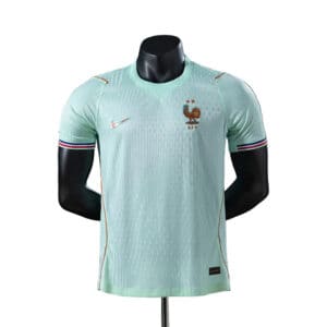 France national football team jersey on a stand, light turquoise with rooster crest and Nike logo, sleeve stripes in blue, white, red.