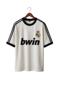 White Real Madrid football jersey on a hanger with black trim, Real Madrid crest, and 'bwin' sponsor.