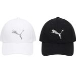 White and black Puma baseball caps with silver logo, shown from the front side-by-side