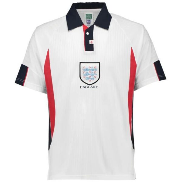 White England rugby polo shirt with navy collar, red side panels, and crest reading ENGLAND on the chest
