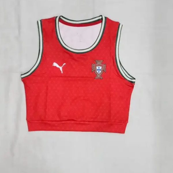 Red Portugal national team basketball jersey front view, sleeveless crop top with white/green trim and PUMA logo on the chest