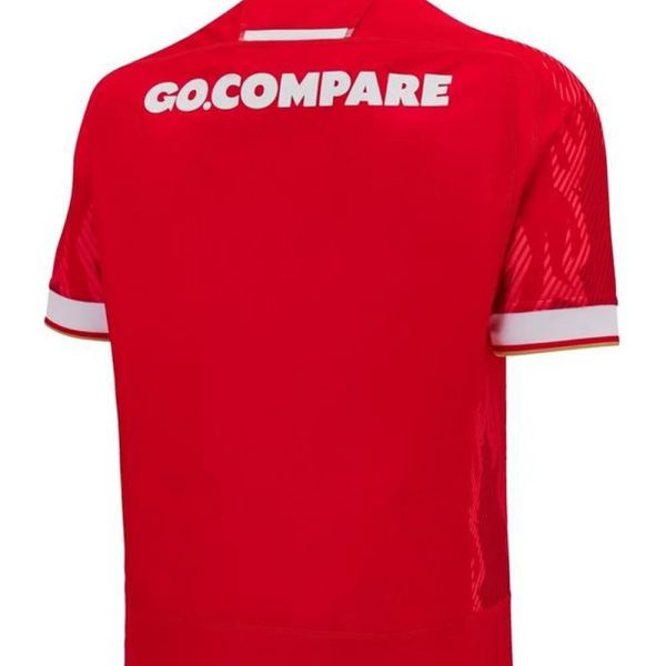 Back view of a red polo shirt with a white GO COMPARE logo on the upper back area.