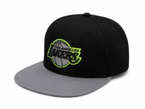 Neon Lakers Los Angeles snapback hat with logo, adjustable fit, perfect for basketball fans.