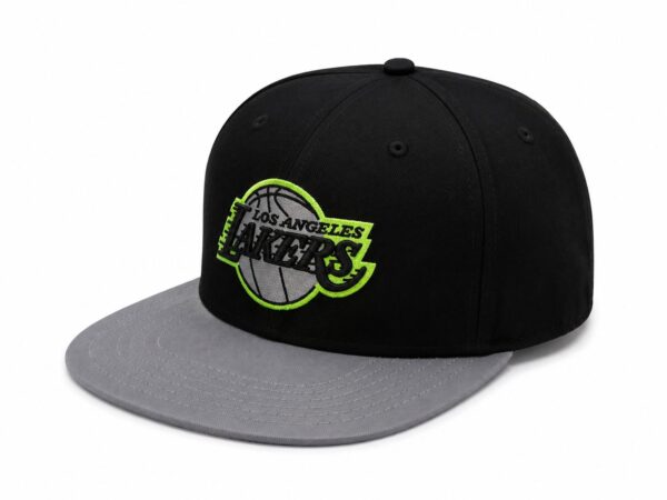 Neon Lakers Los Angeles snapback hat with logo, adjustable fit, perfect for basketball fans.
