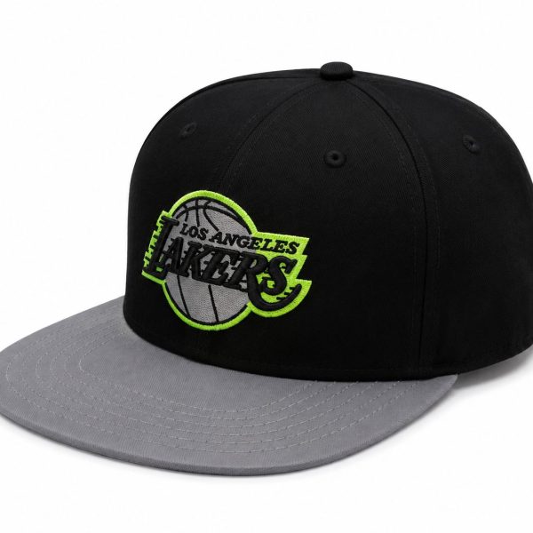 Black baseball cap with a gray brim and a neon-green-outlined Los Angeles Lakers logo on the front.