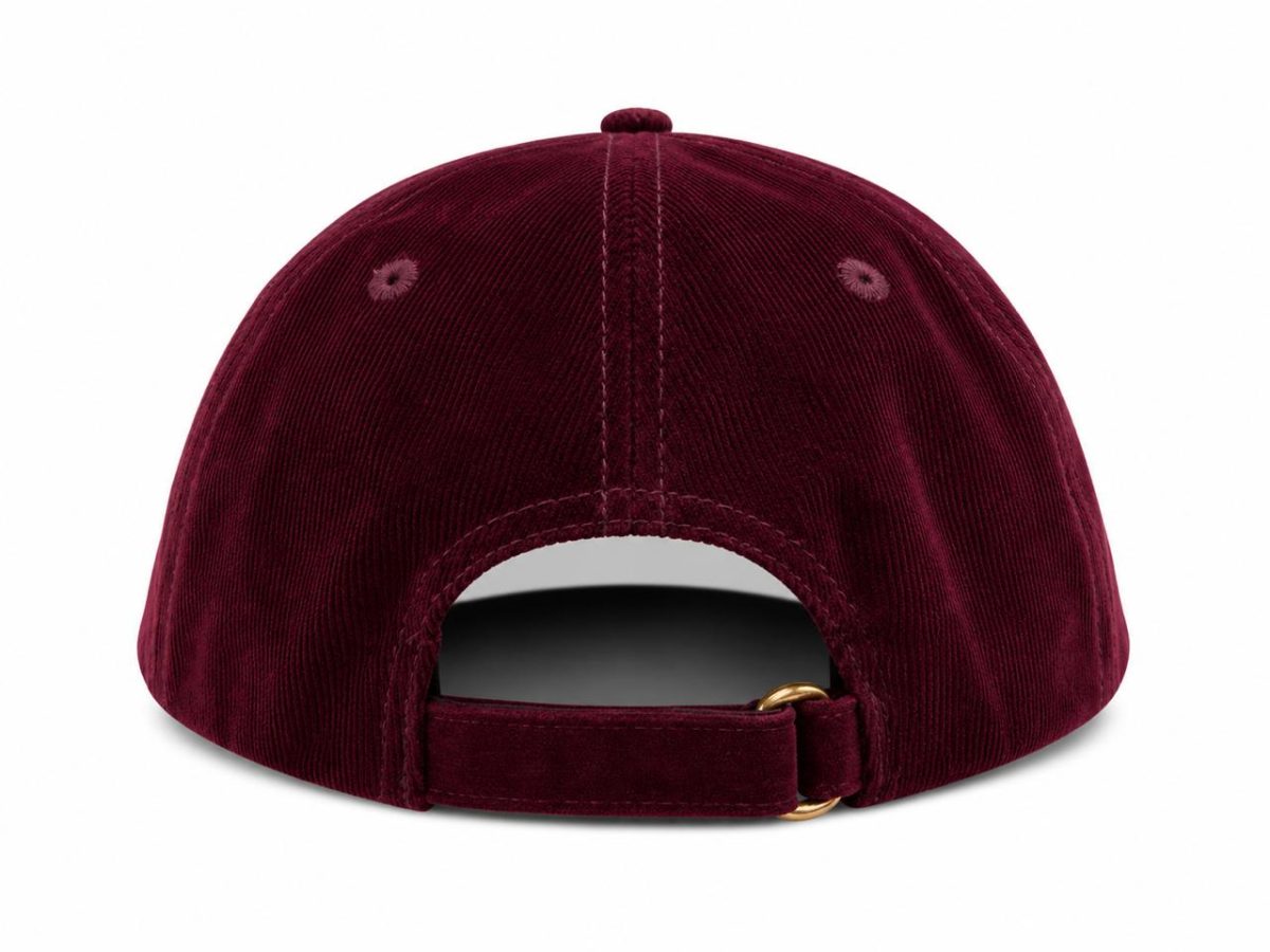 Maroon velvet baseball cap viewed from the back with an adjustable strap and gold-tone buckle