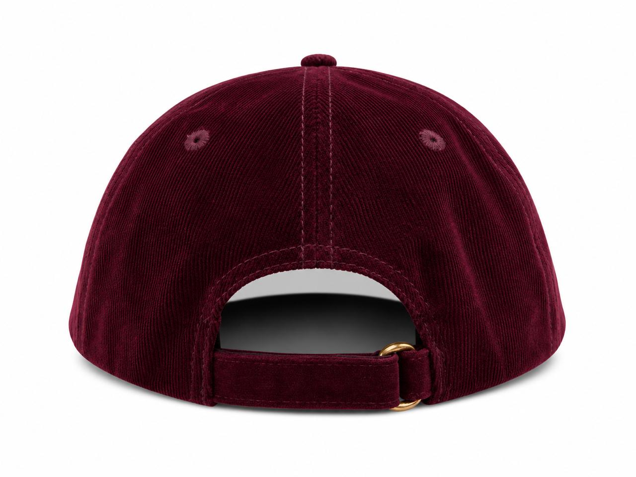 7f11efda-ac37-4cfa-8430-5210a9891e5b | UAE SPORT STORE Maroon velvet baseball cap viewed from the back with an adjustable strap and gold-tone buckle