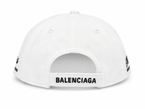 Back view of a white baseball cap with an adjustable strap embroidered with Balenciaga