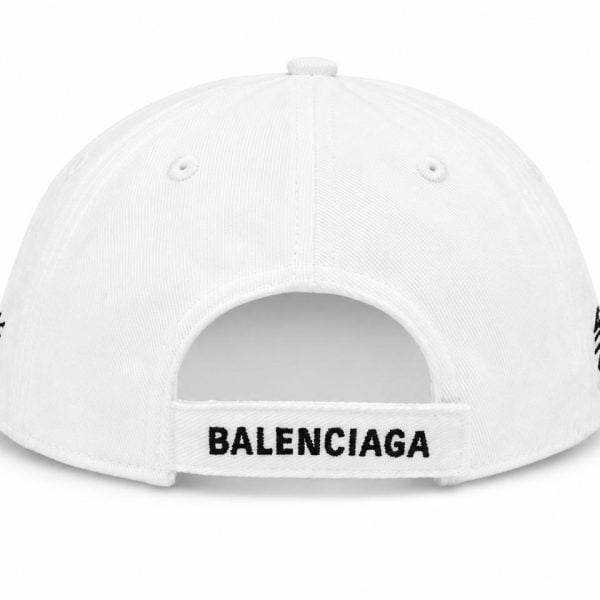 Back view of a white baseball cap with an adjustable strap embroidered with Balenciaga