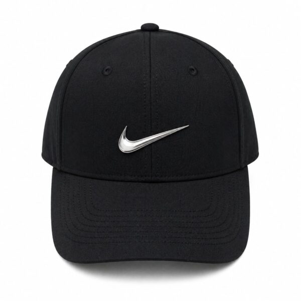 Black baseball cap with a metallic silver Nike swoosh on the front panel.