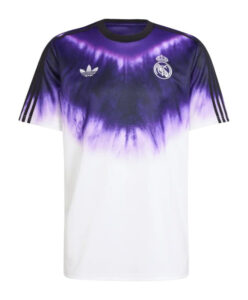 Real Madrid tie-dye soccer jersey with purple-to-white gradient, featuring Adidas stripes on sleeves and club crest on chest