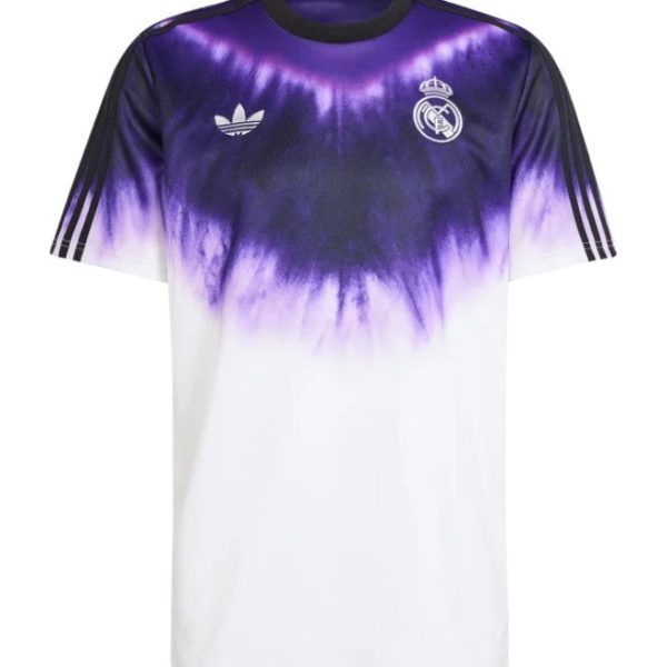 Real Madrid tie-dye soccer jersey with purple-to-white gradient, featuring Adidas stripes on sleeves and club crest on chest