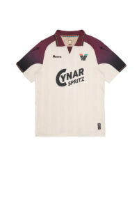 Cream polo jersey with maroon sleeves and multicolor collar trim; front reads 'CYNAR SPRITZ' as sponsor text on chest.
