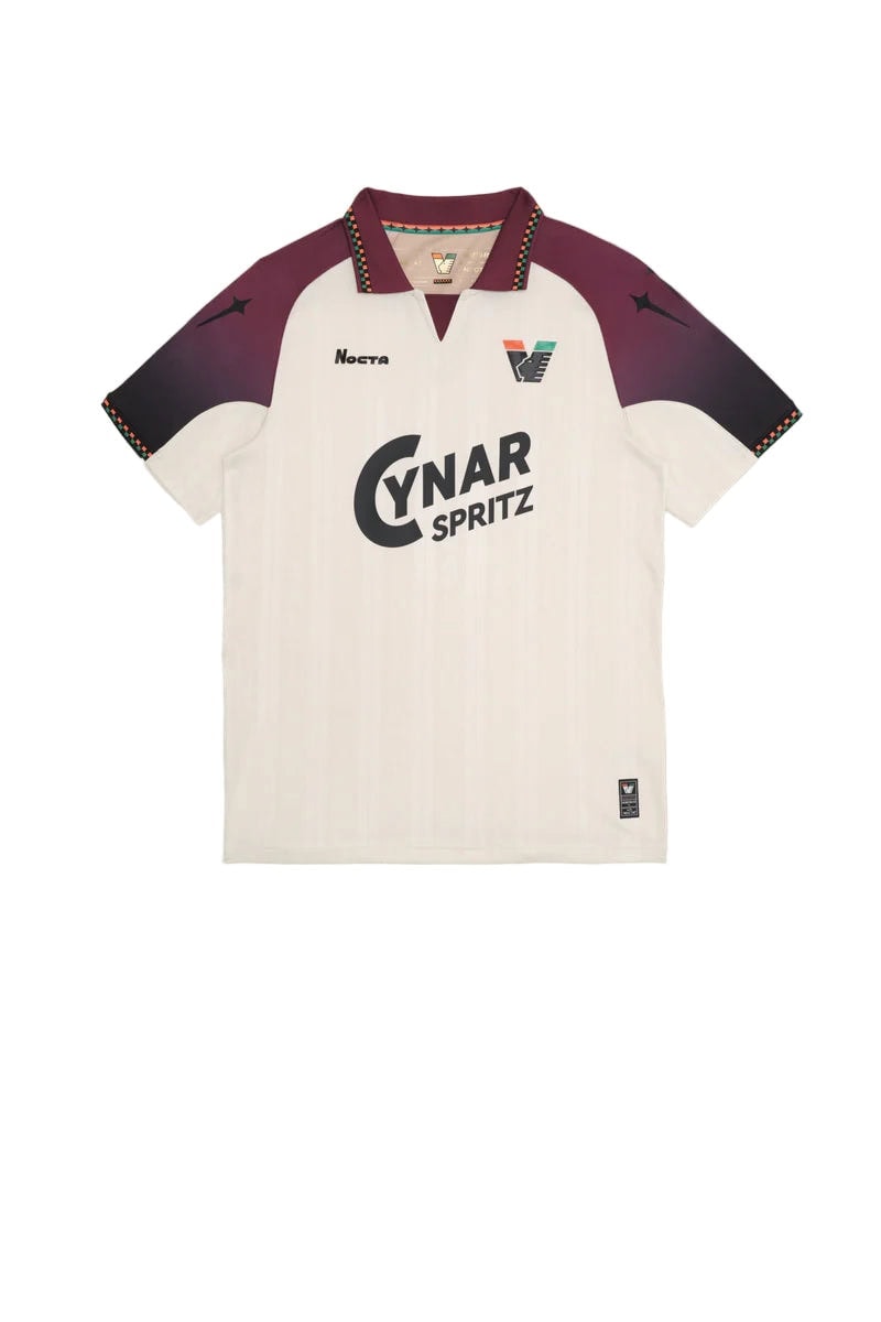 7j Cream polo jersey with maroon sleeves and multicolor collar trim; front reads 'CYNAR SPRITZ' as sponsor text on chest.