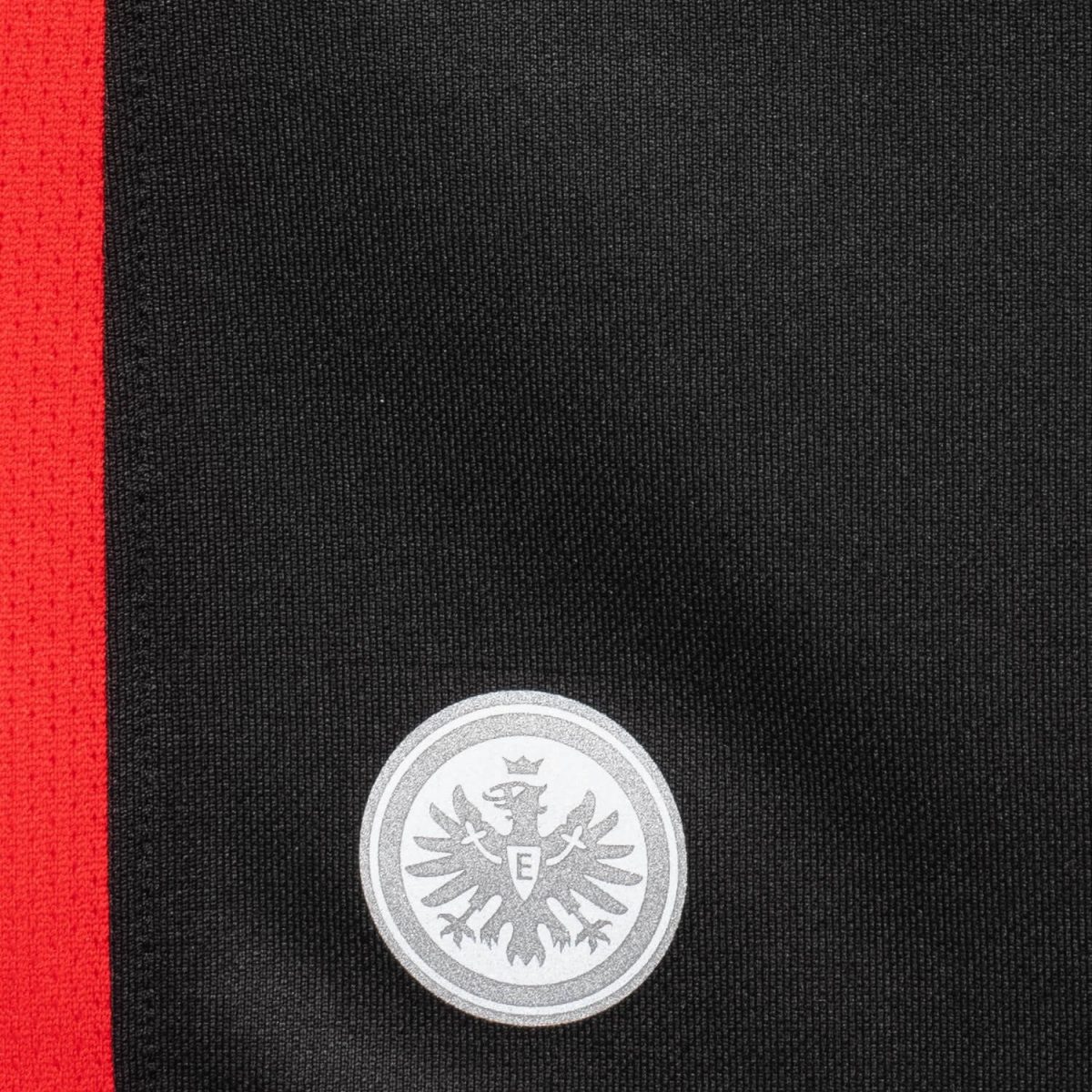 Close-up of black fabric with a bold red vertical stripe on the left and a silver circular crest featuring an eagle in the lower center, suggesting a badge on a uniform.
