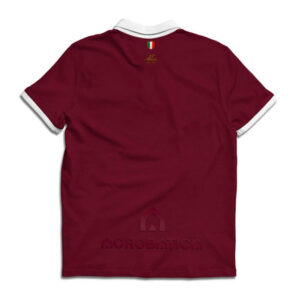 Back view of a maroon polo shirt with white collar and sleeve cuffs; small Italian flag tag at the upper back near the neck.