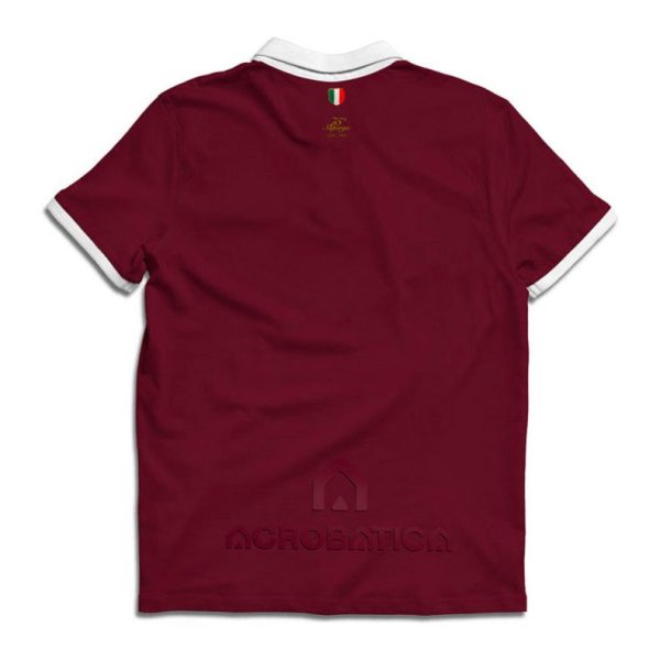 Back view of a maroon polo shirt with white collar and sleeve cuffs; small Italian flag tag at the upper back near the neck.