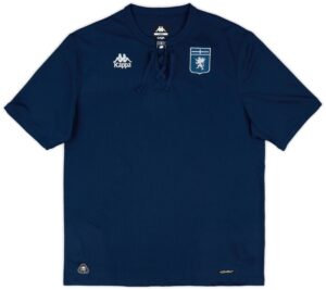 Navy blue short-sleeve shirt with white Kappa logos on the chest and a lace-up collar detail, worn as a sports jersey.