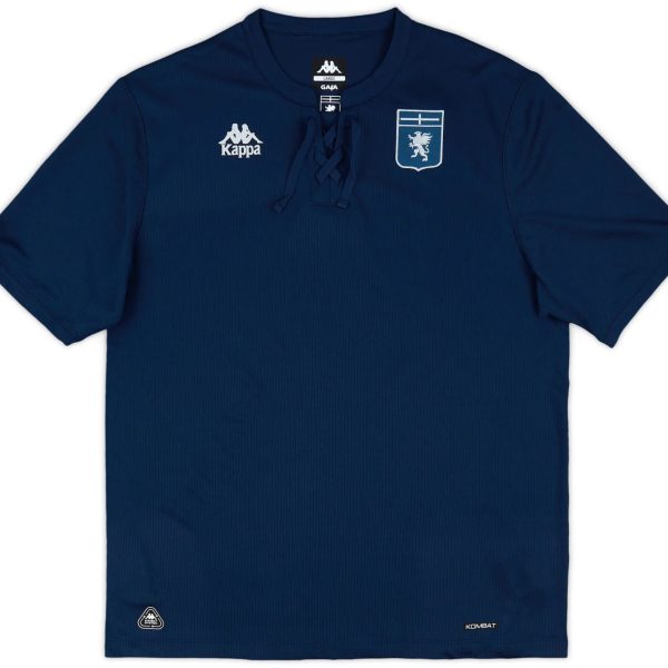 Navy blue short-sleeve shirt with white Kappa logos on the chest and a lace-up collar detail, worn as a sports jersey.