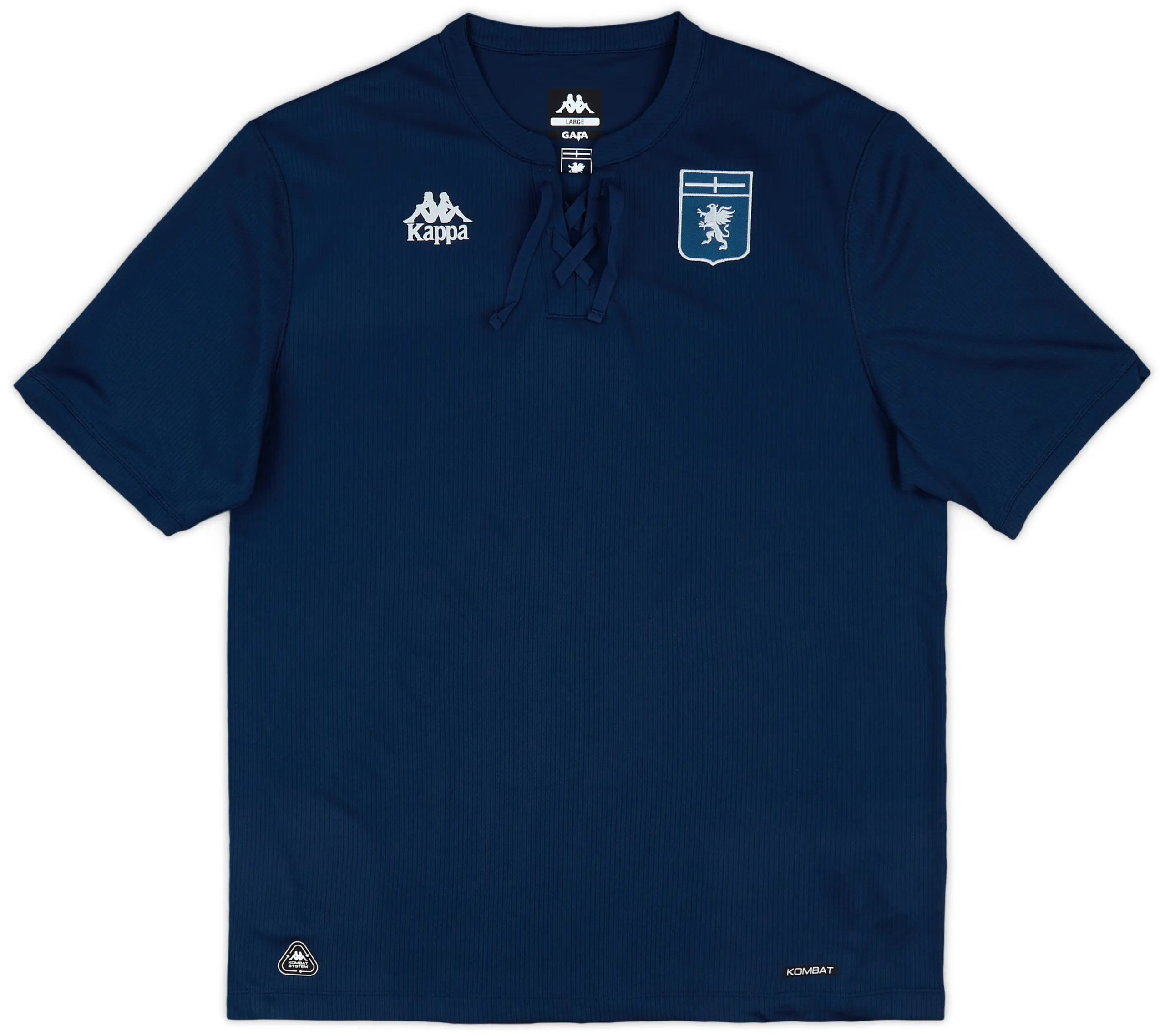 8056072326724-1_lj8ojy2zhvkmwed8 Navy blue short-sleeve shirt with white Kappa logos on the chest and a lace-up collar detail, worn as a sports jersey.