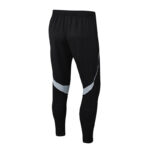 Black athletic jogger pants with a light gray curved panel across the knees, elastic waistband, tapered ankles, suitable for workouts or running.
