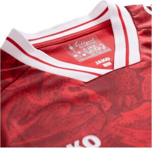 Close-up of a red sports jersey neckline with a white striped collar and the JAKO brand label visible on the collar interior.
