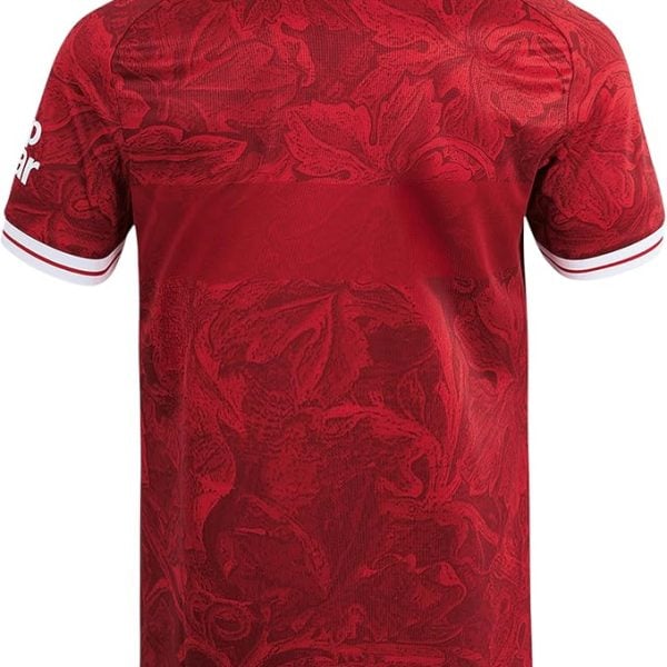 Back view of a red polo shirt with a subtle floral pattern, white striped collar, and white-striped sleeve cuffs.