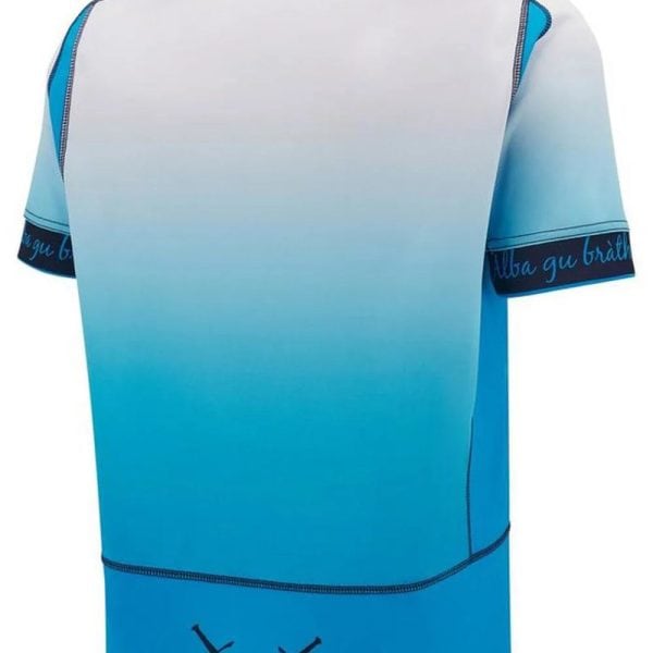 Back view of a gradient blue polo shirt, white at top fading to blue, with dark collar and prominent black stitching.