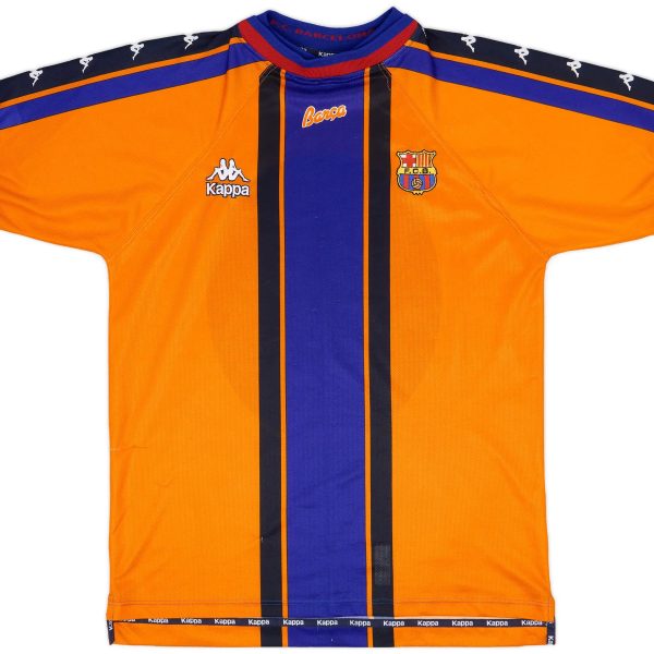 Bright orange FC Barcelona football jersey with a bold blue vertical stripe and Kappa logos on the chest area.