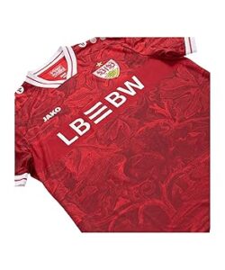 Red soccer jersey with white trim, club crest on the left chest, and LB BW sponsor across the front.