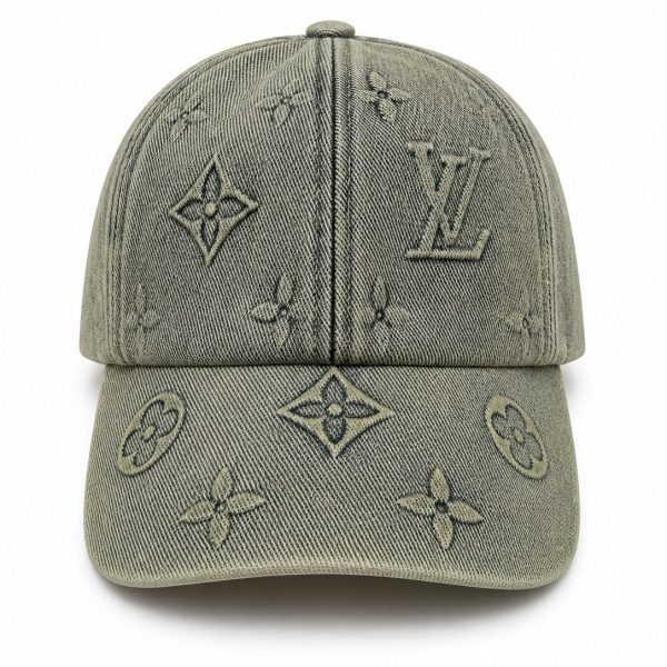 Denim-style baseball cap with an all-over Louis Vuitton monogram pattern in beige tones.