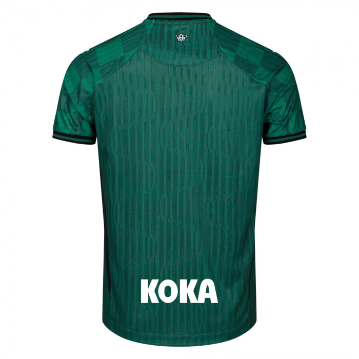 8267 | UAE SPORT STORE Back view of a green athletic jersey with a subtle vertical pattern, black-trimmed sleeves, a small crest at the neck, and the 'KOKA' sponsor text at the lower back.