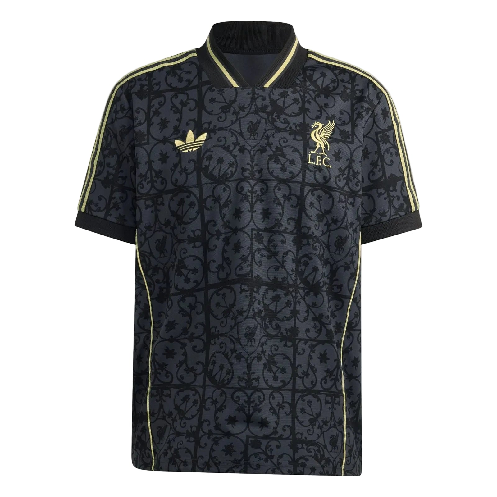 828ac6ac-bce4-4e00-9f06-a03f40fa27a8 Liverpool FC polo/shirt with black intricate pattern, gold crest and Adidas logo, gold piping along sleeves and collar