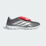 Gray running shoe with white three-stripe design and red top strap on a light background.