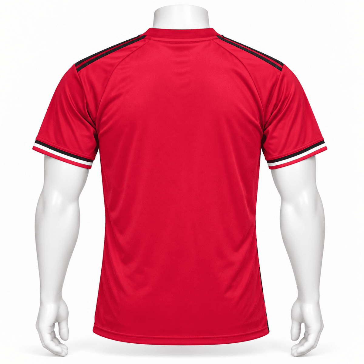 Red Manchester United jersey with black and white accents, back view.